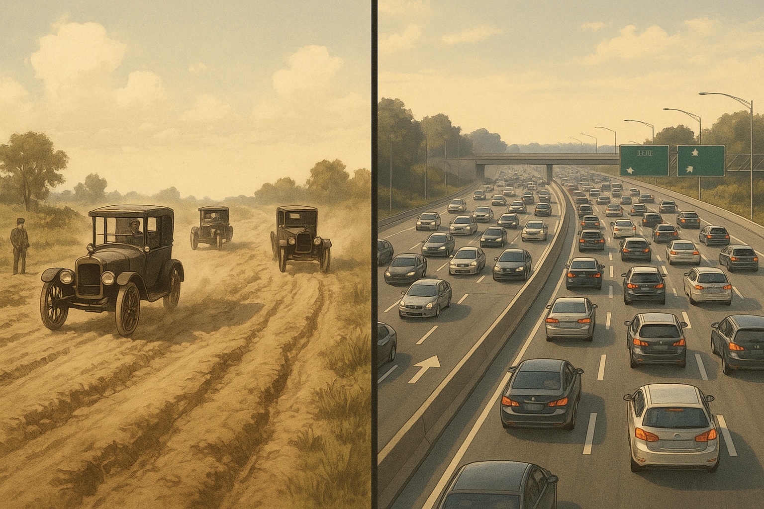 Infrastructure evolution from dirt roads to modern highways illustrating MCP protocol standardization